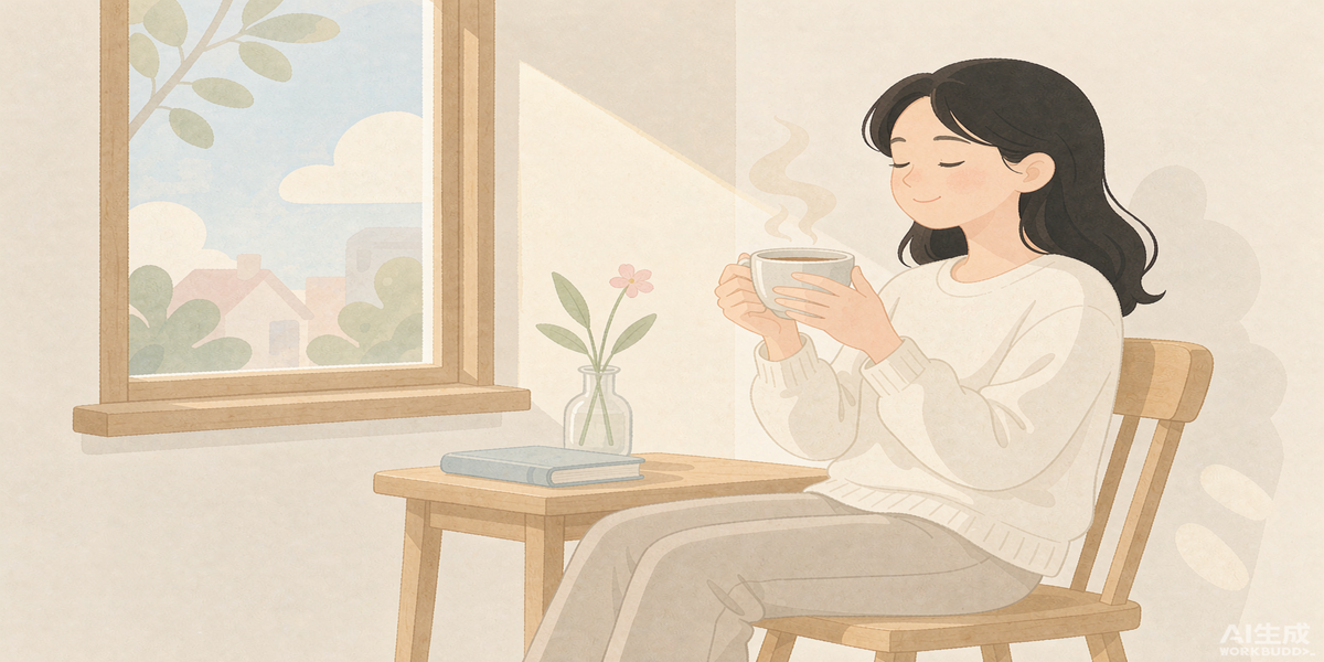 封面：一位年轻女子安静坐在窗边捧着茶杯，象征情绪平和