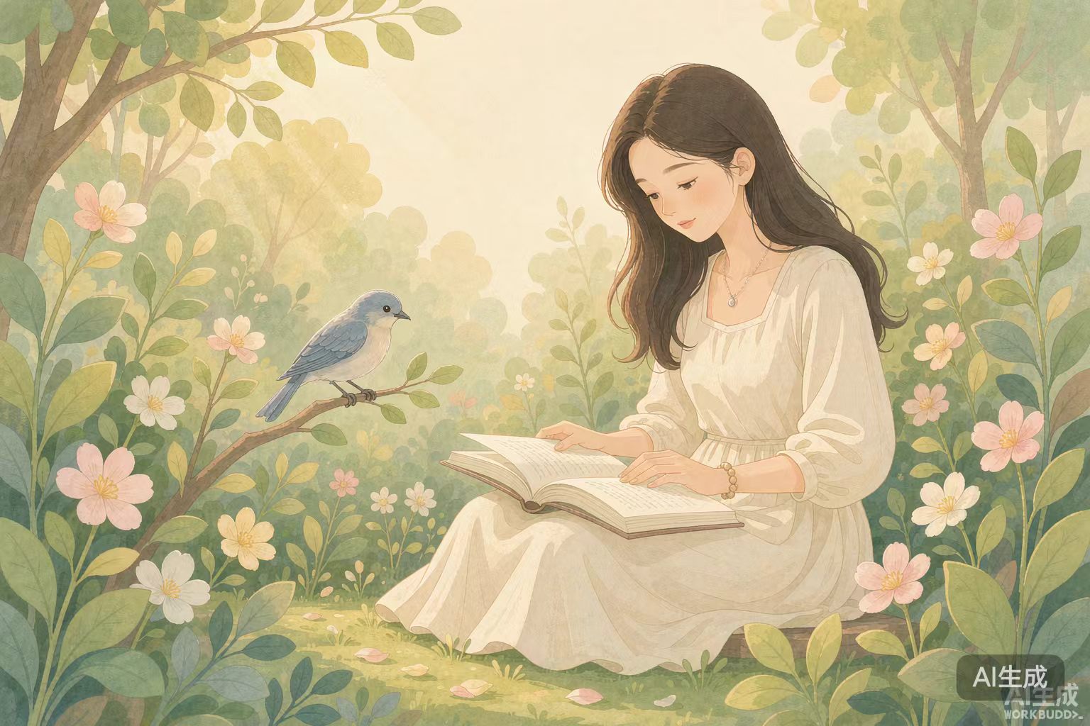 封面：花园中安静读书的女子与小鸟，象征身心灵德爱与关系的全方位健康