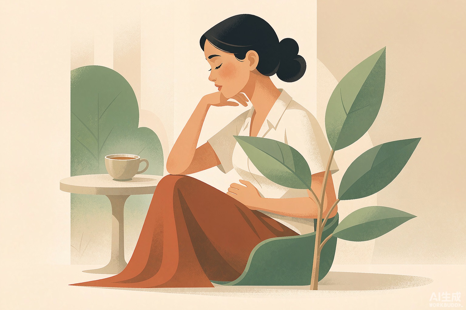 封面：暖橙养生插画，女性手抚腹部静坐品茶，身边绿植，喻示日常养护与身体觉察