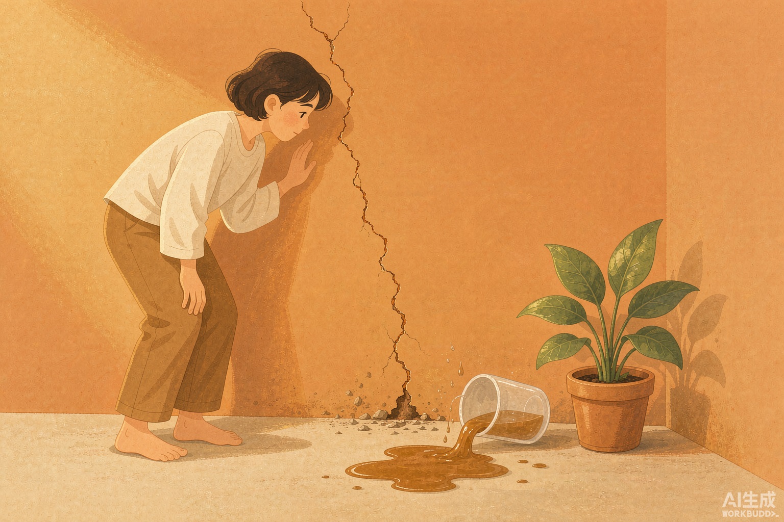 封面：暖橙插画，人看墙缝喻身体被习惯凿漏、半杯水倒脏水喻先排后补