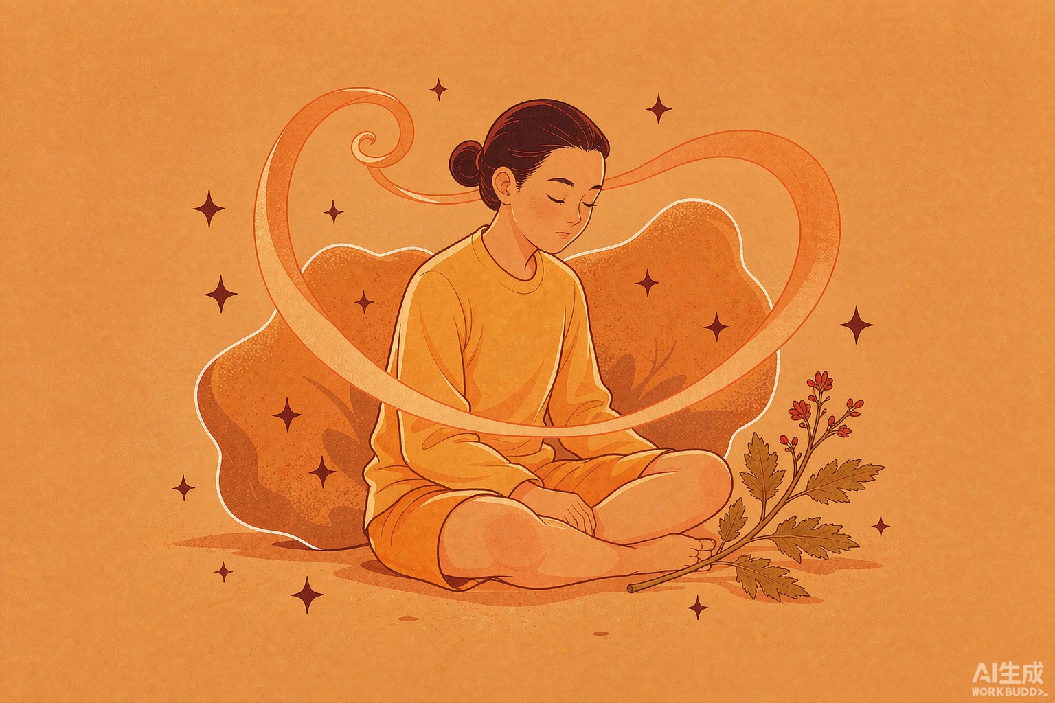 封面：暖橙插画，一人静坐，气息如流动的线穿过身体，身旁几株草本，喻调气养身
