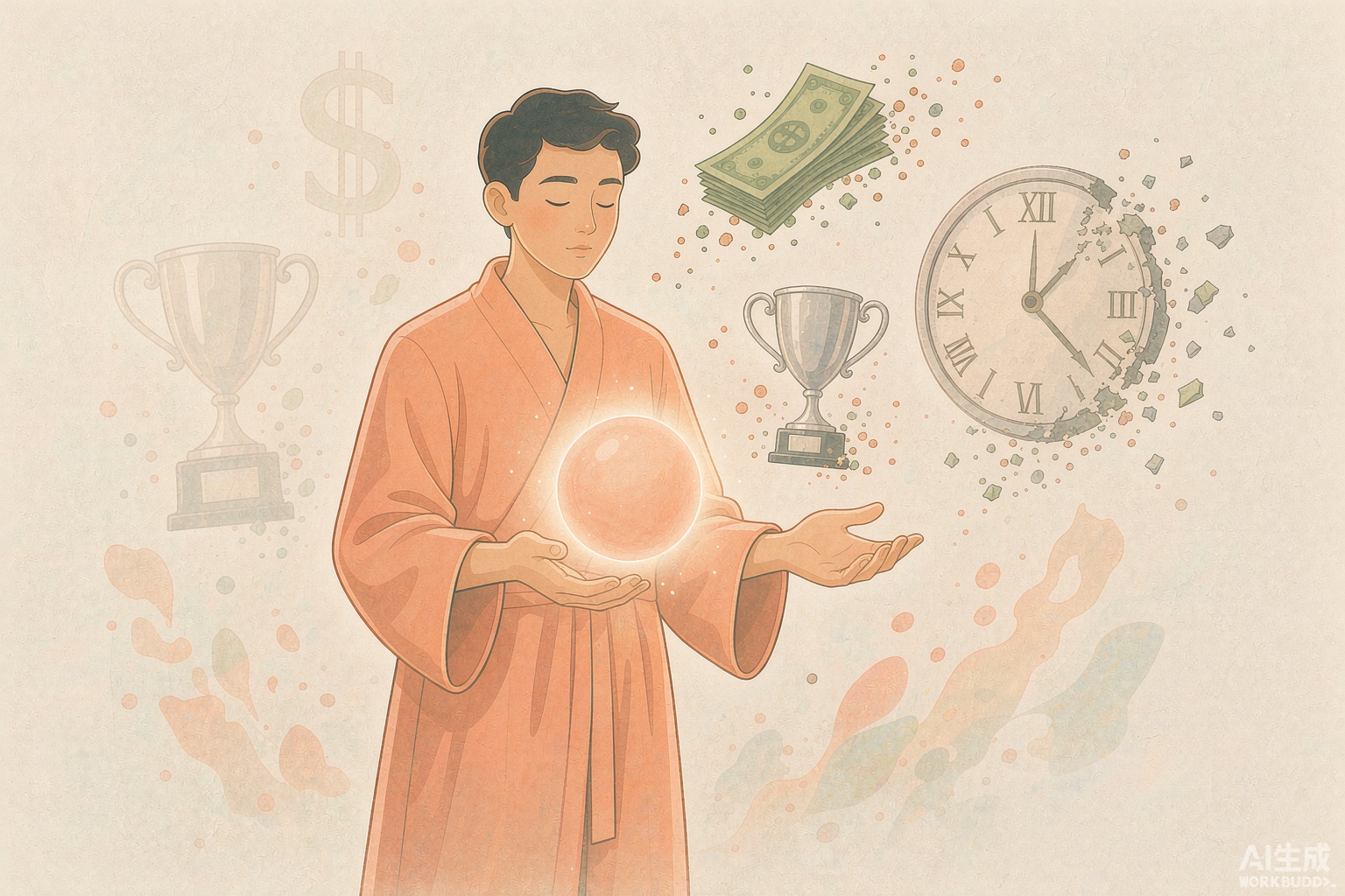 封面：暖橙插画，一人稳稳站立，金钱奖杯时钟在旁淡去，手中健康之心是唯一的实在
