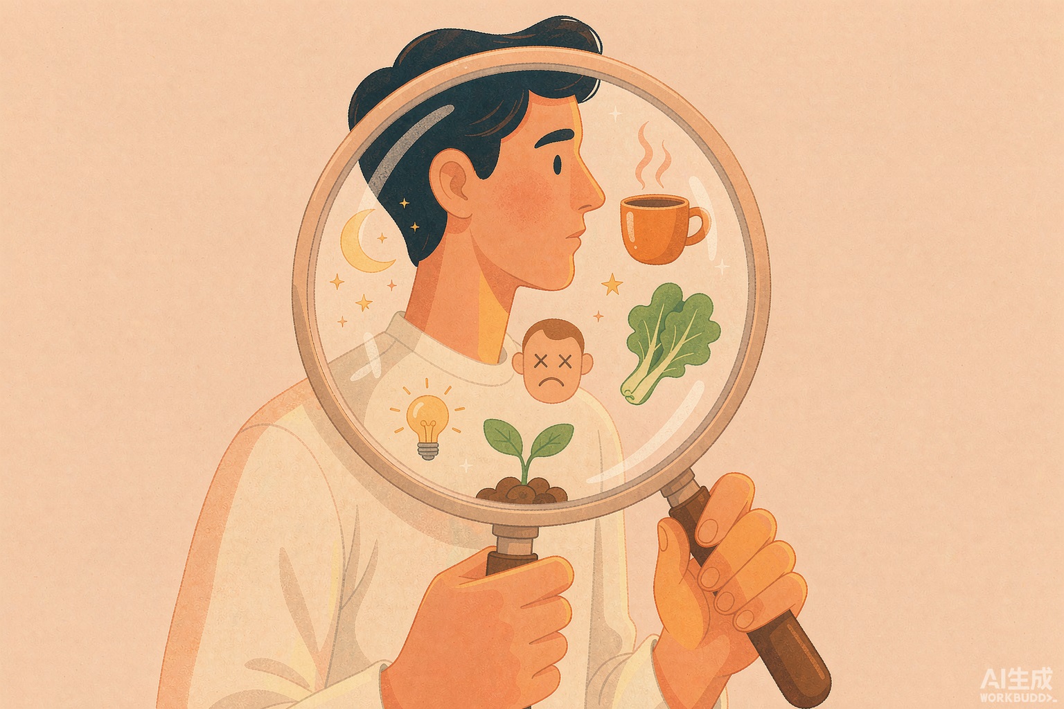 封面：暖橙插画，一人手持放大镜审视自己的日常习惯，意识到改变从认知开始
