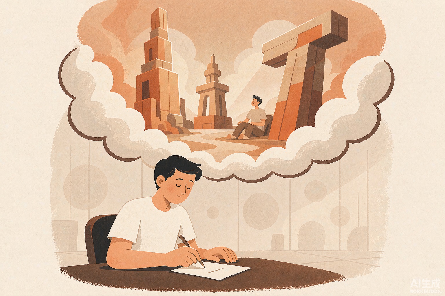 封面：暖橙插画，一人桌前头顶飘着宏大愿景的云、手却在做一件小小的具体事，喻把野心过成每天能完成的一小段现实