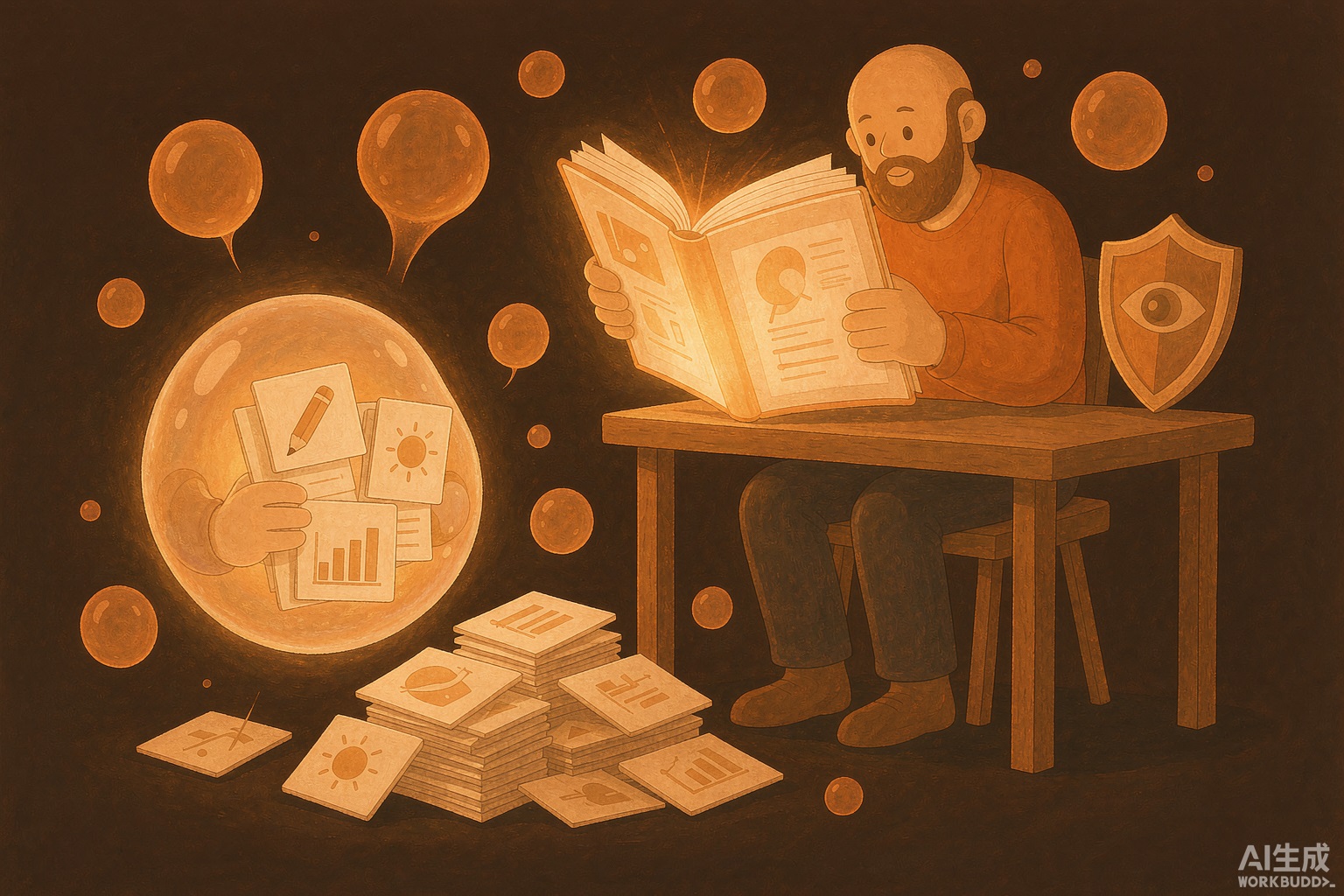封面：暖橙插画，一人桌前发光AI圆球处理成堆琐事卡片，人手持发光书守护盾牌，喻AI干执行活人守判断与责任