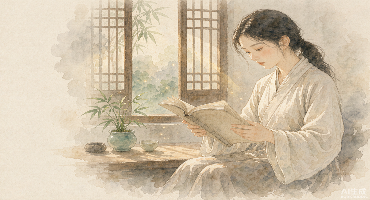 封面：一位年轻女子在窗边安静读一本古风书，象征传统智慧与内心安顿