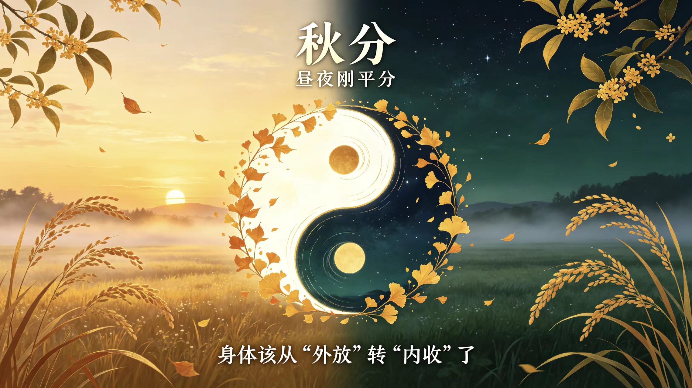 封面：暖橙与蓝绿秋意插画，小木桌上的梨与南瓜、一杯热茶、几片落叶与象征昼夜平分的月亮，喻秋分顺时养护