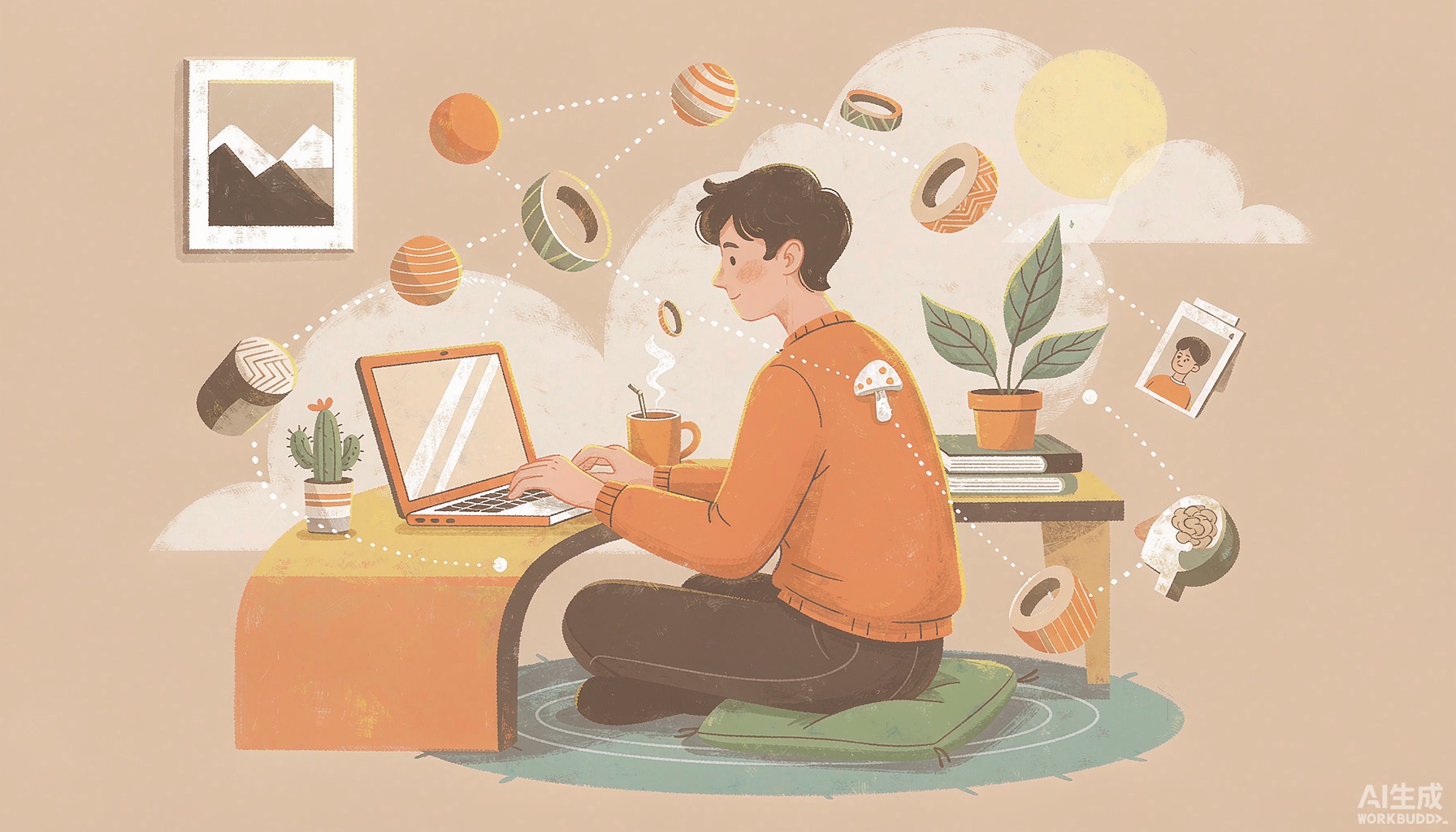 封面：暖橙插画，养生内容创作者在桌前做内容，身边环绕信任与方法两张抽象标签