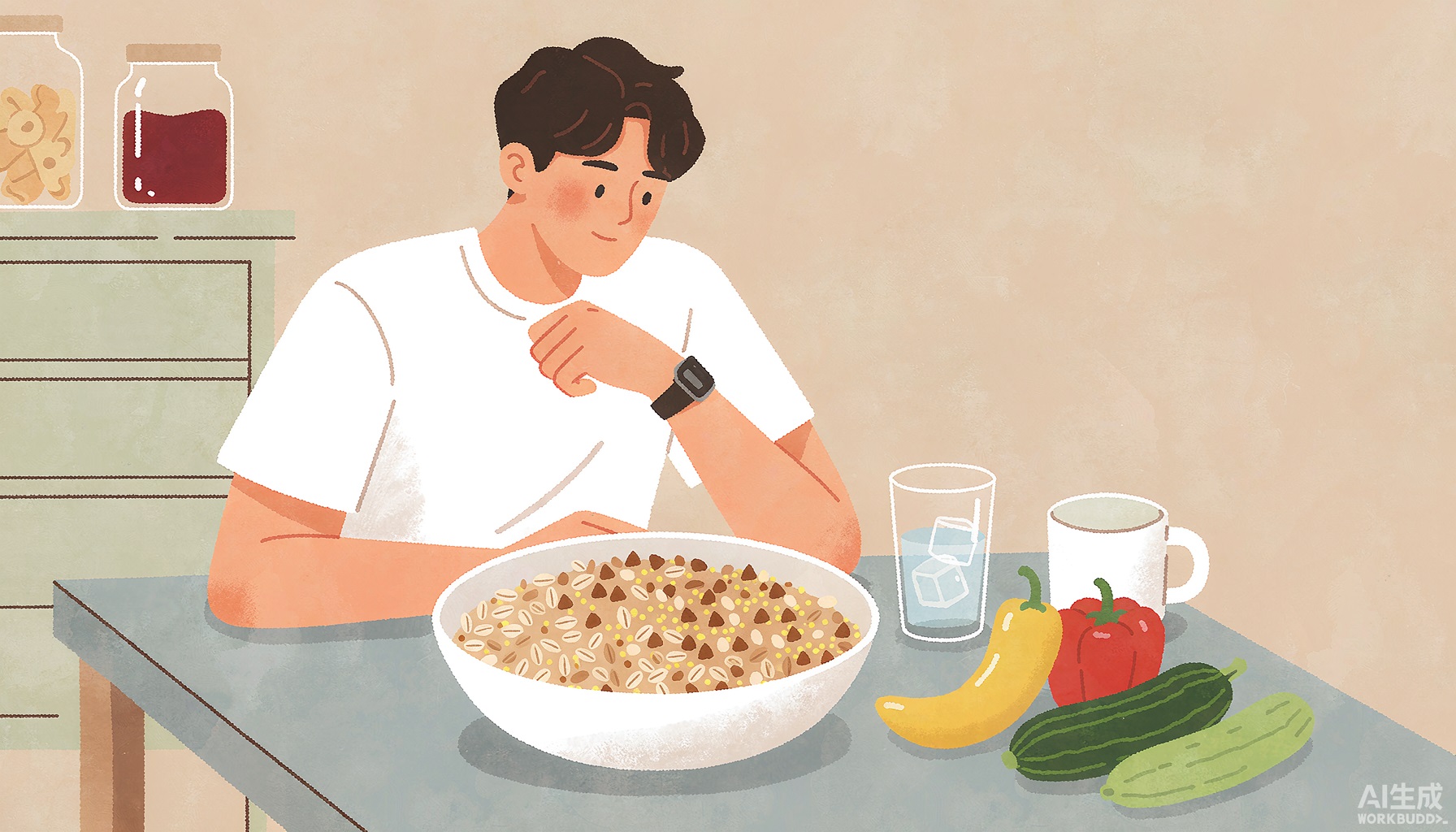 封面：暖橙插画，三十来岁的人坐在餐桌前，面前一碗杂粮饭、新鲜蔬菜和一杯水，桌角一只手表