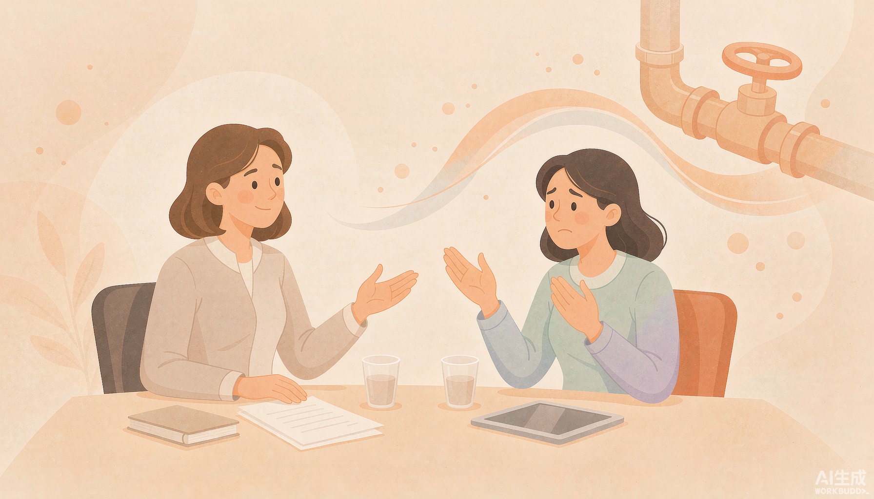 封面：暖橙插画，一位健康咨询师平静倾听面露怀疑的来访者，旁边有水管与总闸的隐喻，象征先接住情绪再找问题总闸