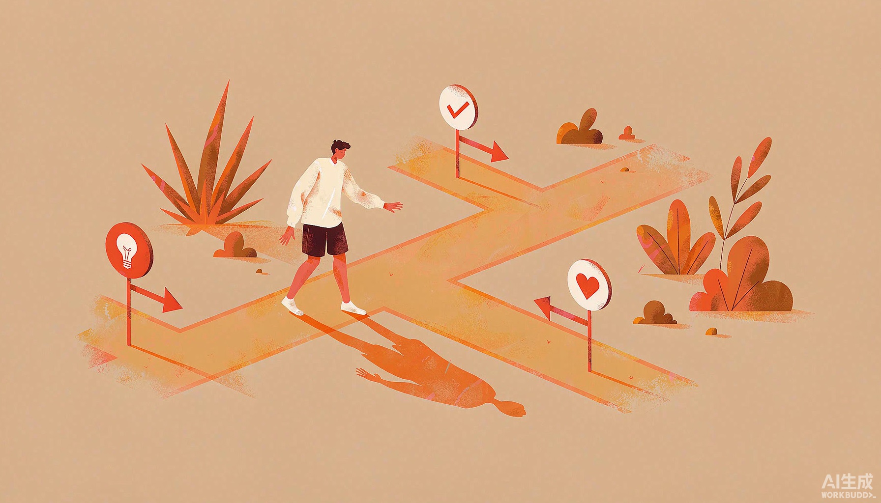 封面：暖橙插画，一个人站在岔路口看着代表兴趣、能力与社会需求的三块小牌子，向前迈出一小步去试探某条路