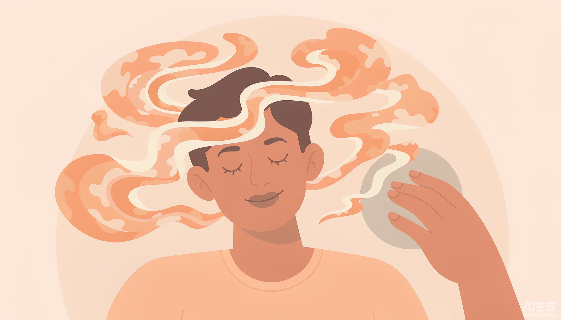 封面：暖橙插画，一个安静坐着的人头顶盘绕着纠结的思绪气泡象征内耗，一只手轻轻按下暂停，神情平和