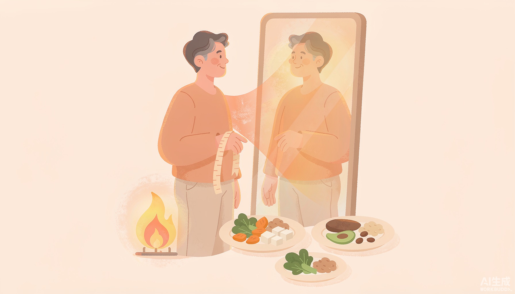 封面：暖橙插画，一个人站在镜子前拿着软尺，身旁是代表平稳代谢的灶火和几份均衡餐盘