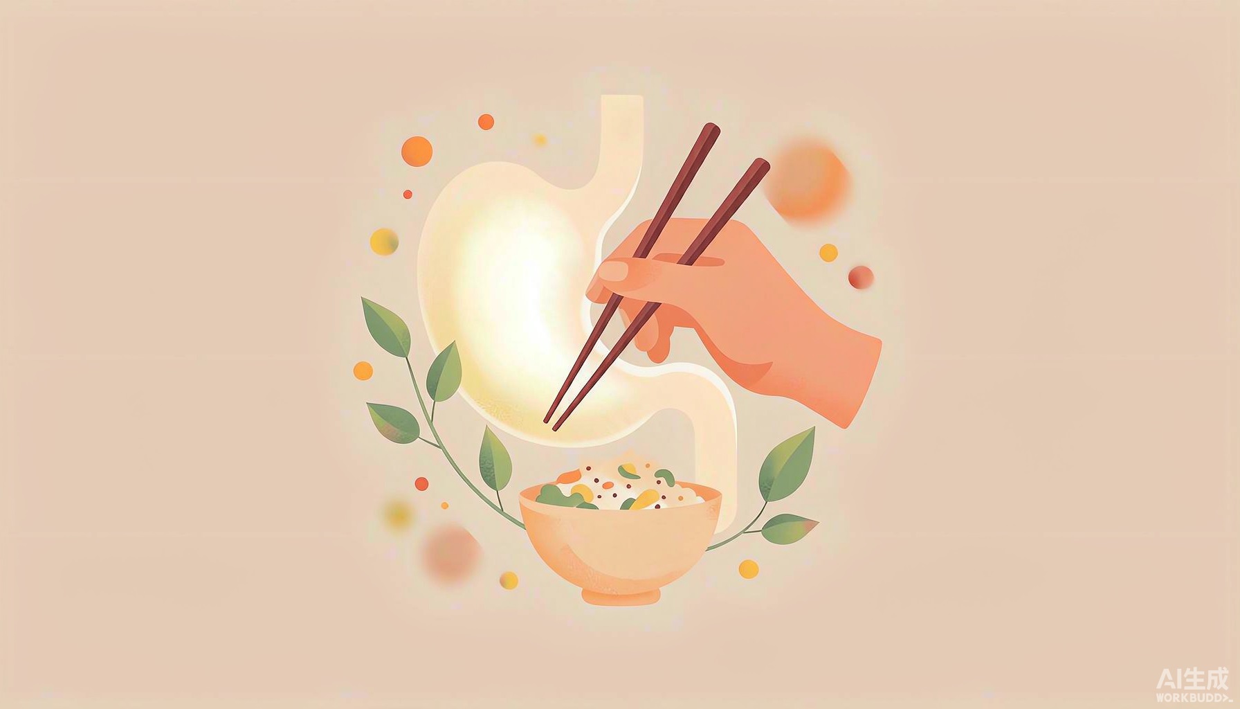 封面：暖橙插画，一只手用筷子夹起一碗清淡的饭食，身后是象征肠道健康的柔和发光脉络