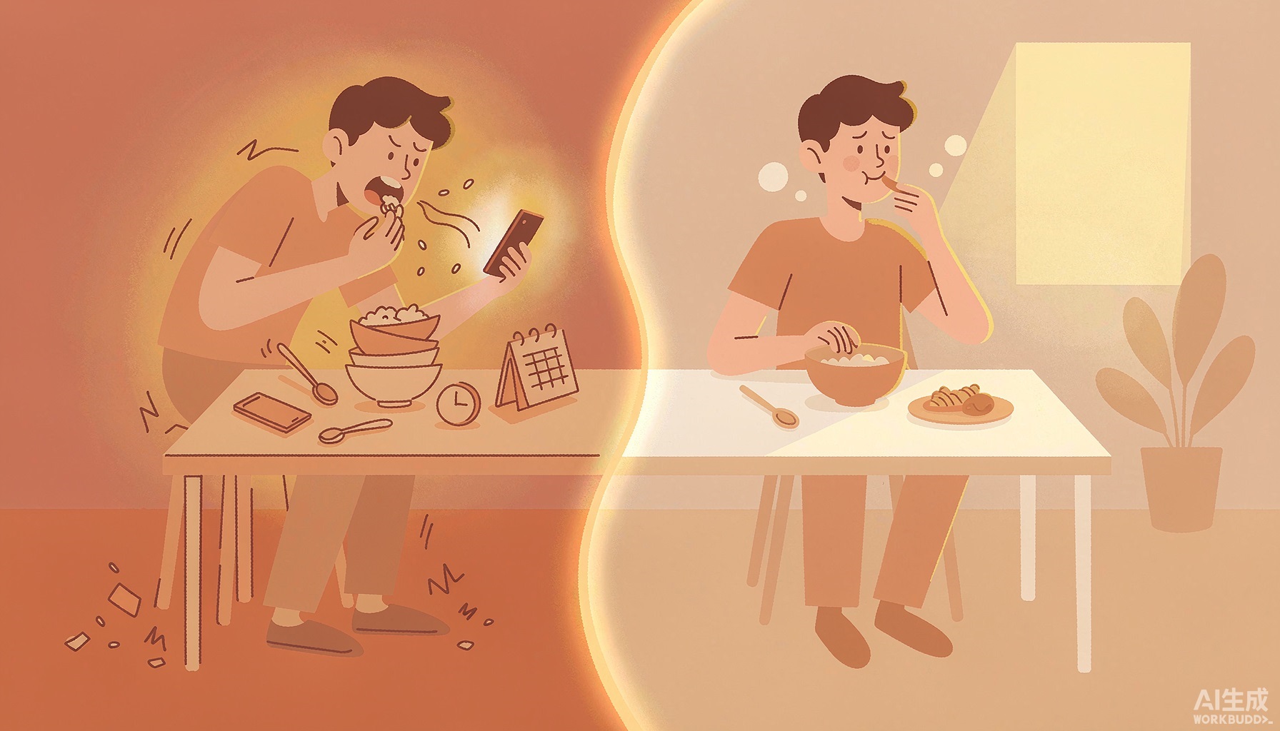 暖橙色扁平插画，一侧是手忙脚乱边看手机边扒饭的人，另一侧是从容慢嚼的人，对比匆忙与从容用餐