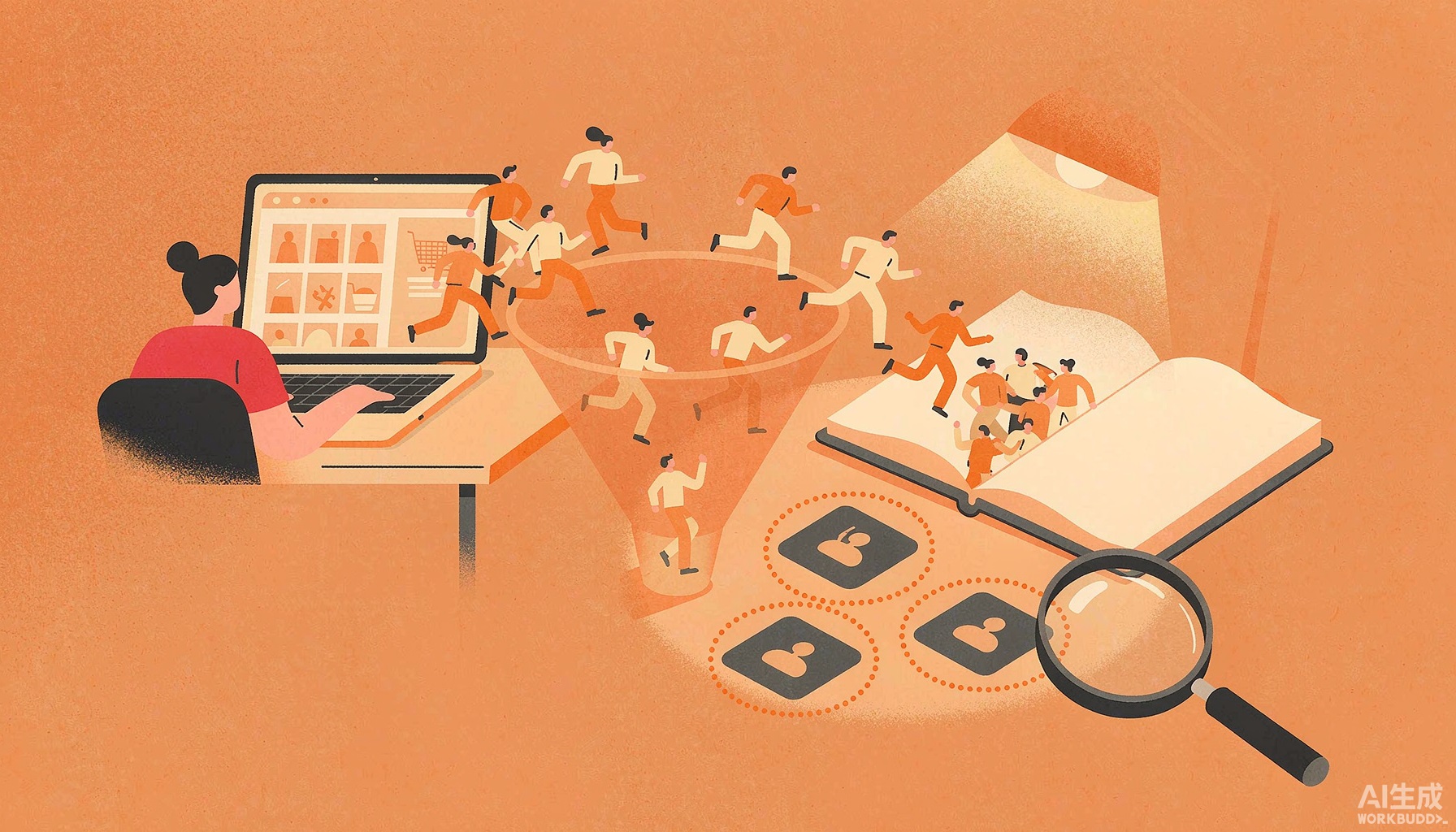 封面：暖橙插画，一人坐在电脑前把公域店铺的流量通过一个漏斗引向写着私域的小圈子，桌上摆着引流品利润品等标签卡，表达公域引流私域成交的虚拟生意打法