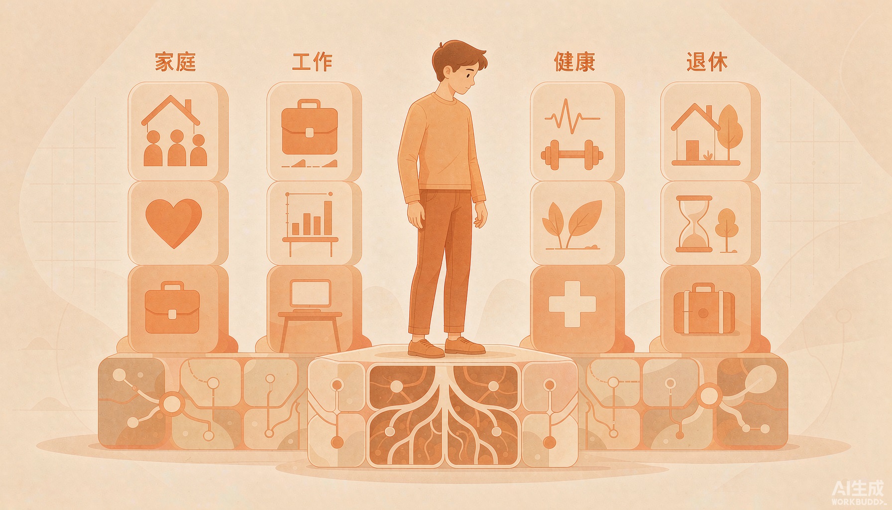 封面：暖橙插画，一人立于家庭工作健康养老四根支柱中央，低头看清脚下真正地基，寓意看透生活表象抓住底层逻辑