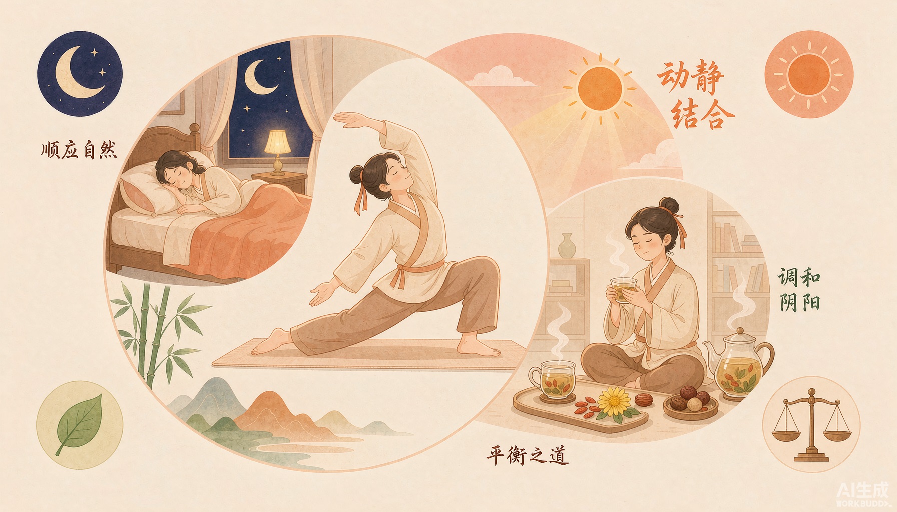 封面：暖橙插画，一人安睡、晨间舒展、品茶，周围有日月枝叶与天平，寓意把传统养生原则落进日常