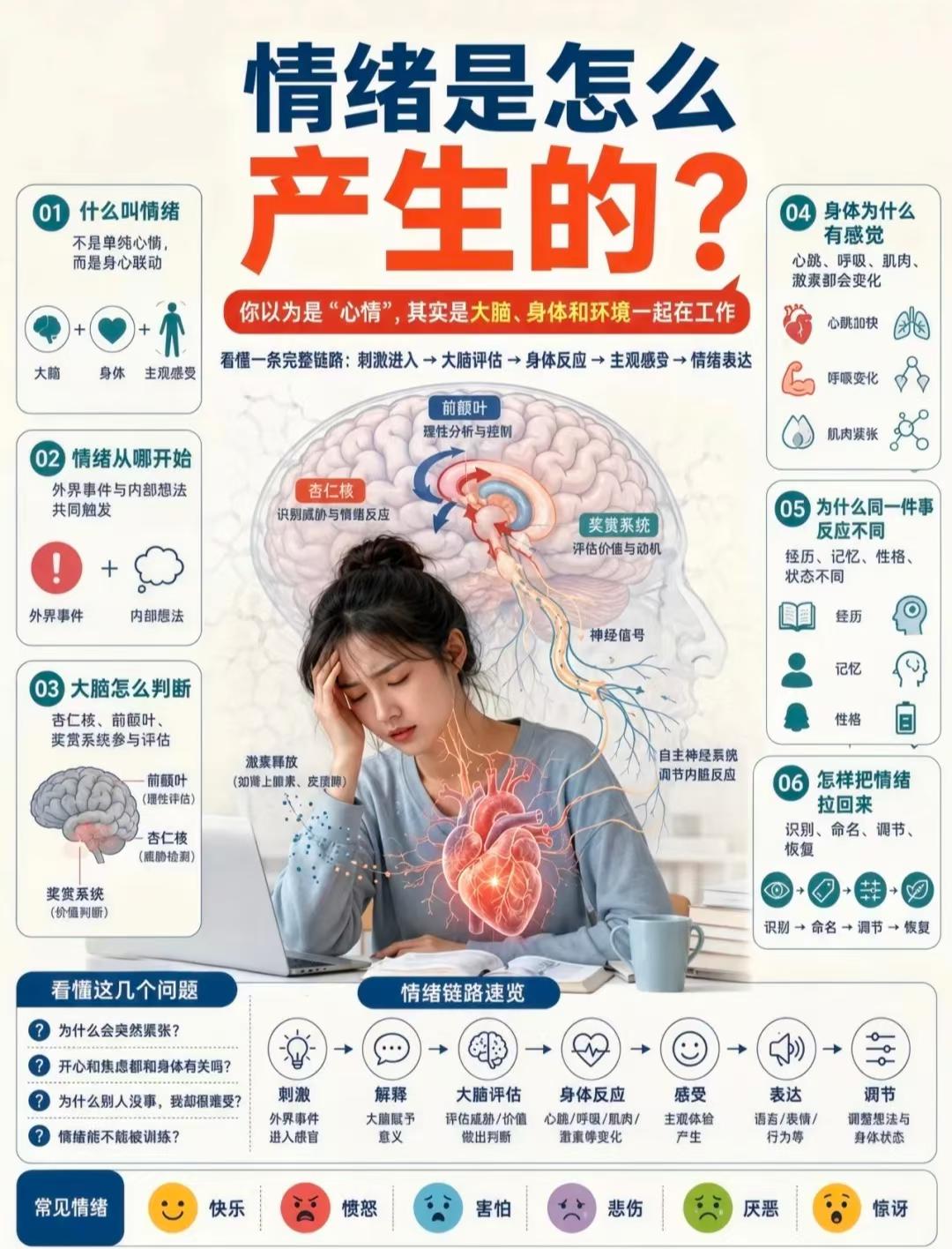 信息图：情绪是怎么产生的，外部事件与内部想法共同触发，经大脑评估、身体反应，形成感受与表达